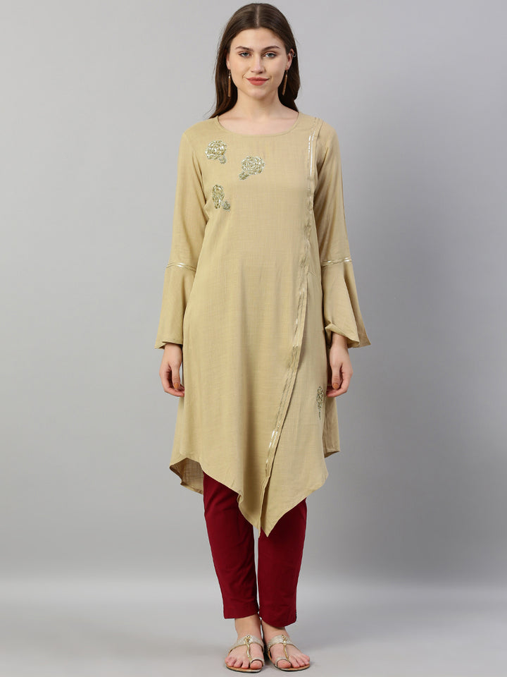 Neerus Beige Embellished High Low Kurta