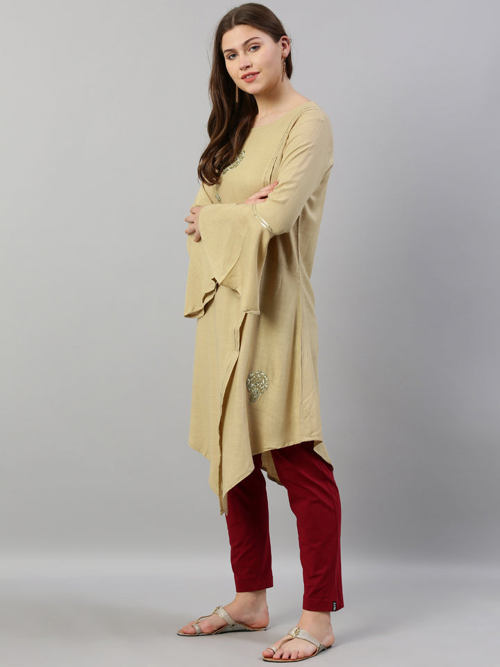 Neerus Beige Embellished High Low Kurta