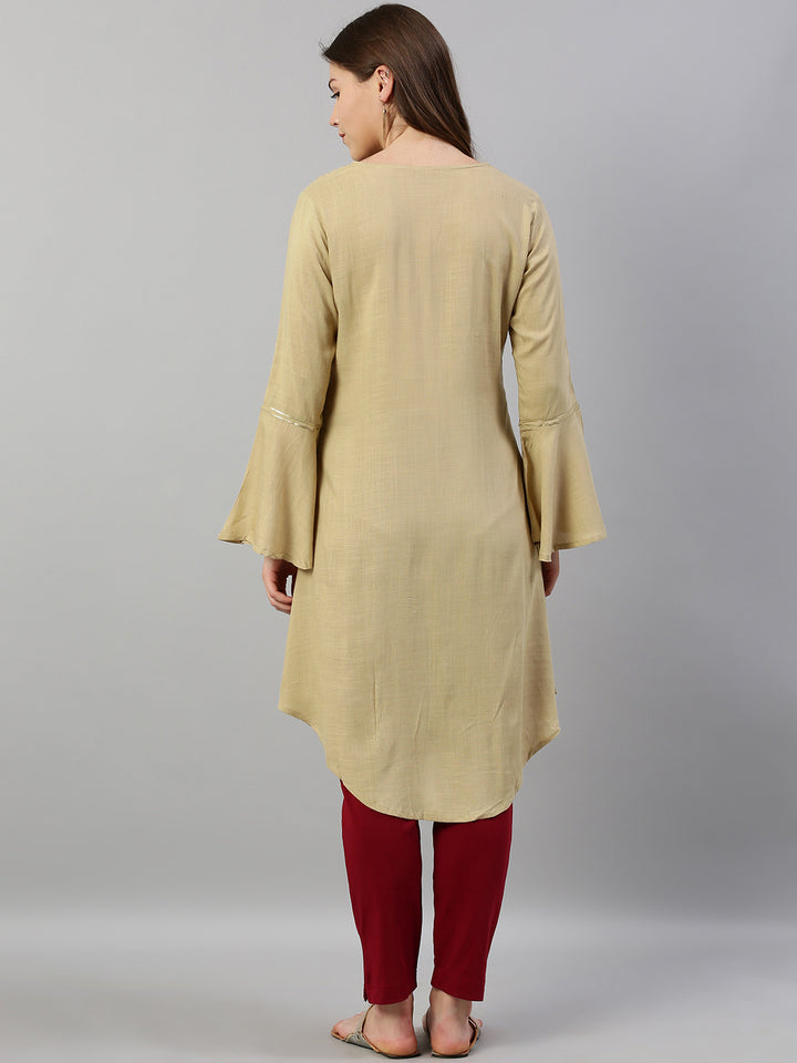 Neerus Beige Embellished High Low Kurta