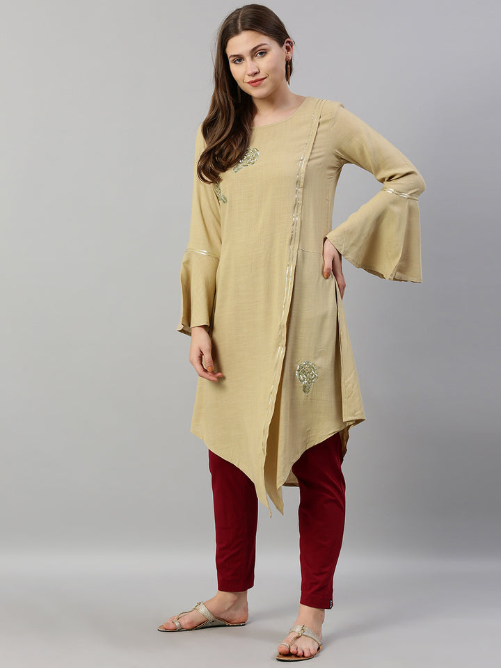 Neerus Beige Embellished High Low Kurta
