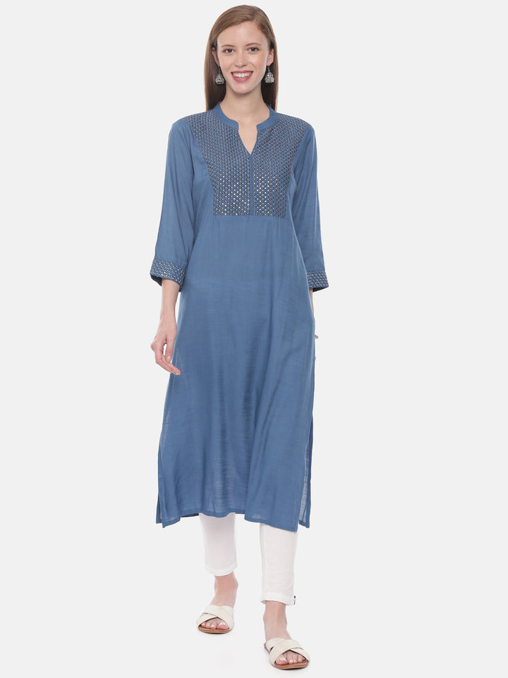 Neerus Blue cotton embellished straight kurti - front view