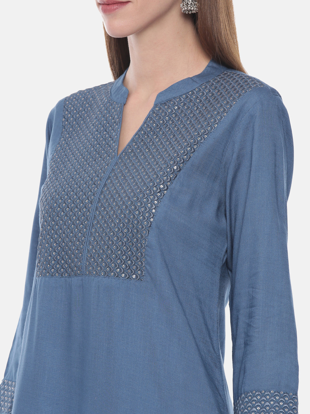 Neerus Blue cotton embellished straight kurti - back view