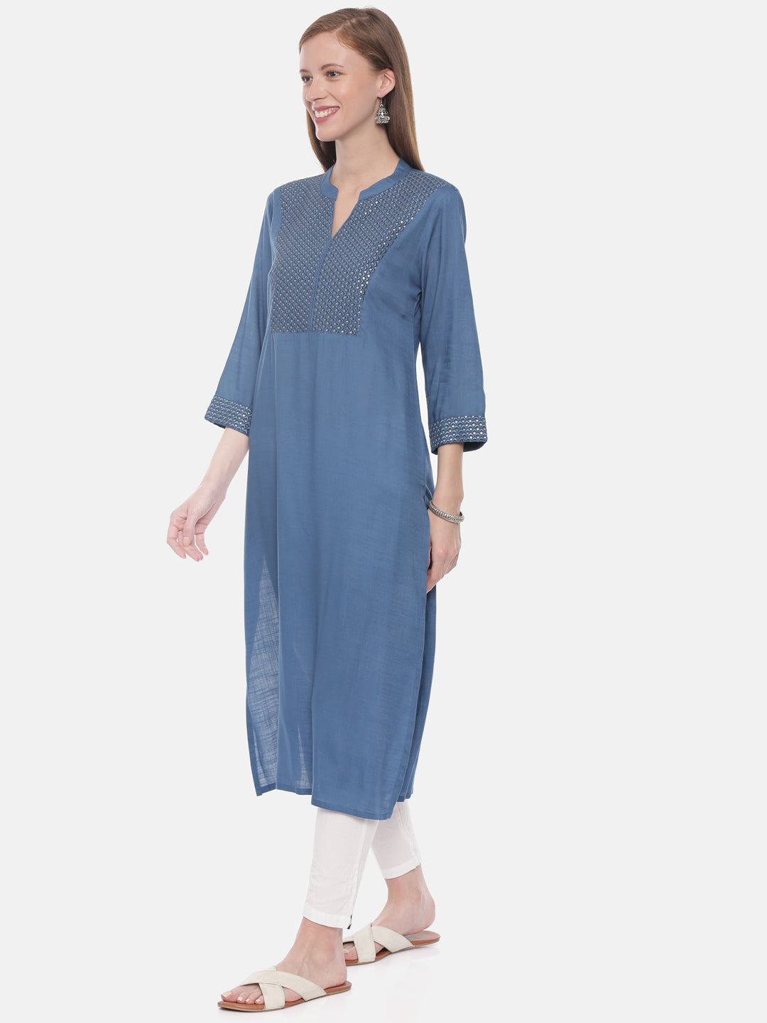 Neerus Blue cotton embellished straight kurti - side view
