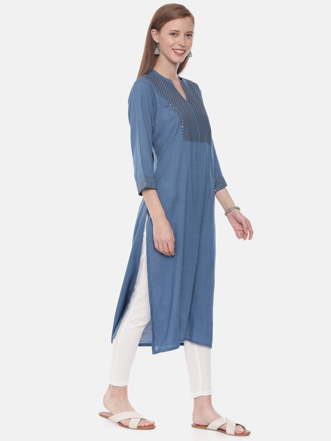 Neerus Blue cotton embellished straight kurti - detail view 1