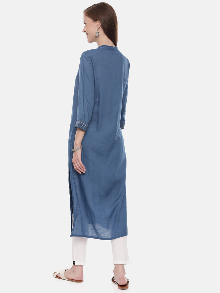 Neerus Blue cotton embellished straight kurti - detail view 2