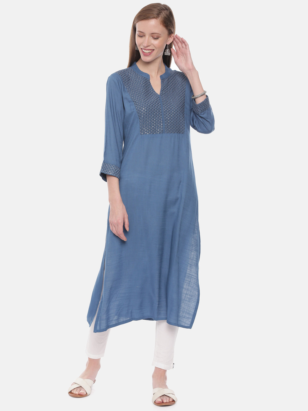 Neerus Blue cotton embellished straight kurti - detail view 3