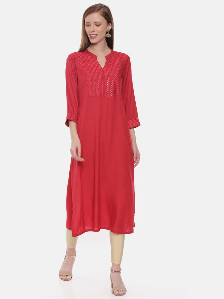 Neerus Red rayon embellished straight kurta - front view
