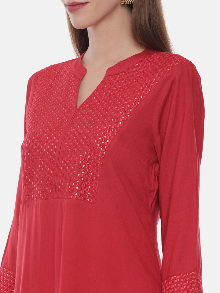 Neerus Red rayon embellished straight kurta - back view