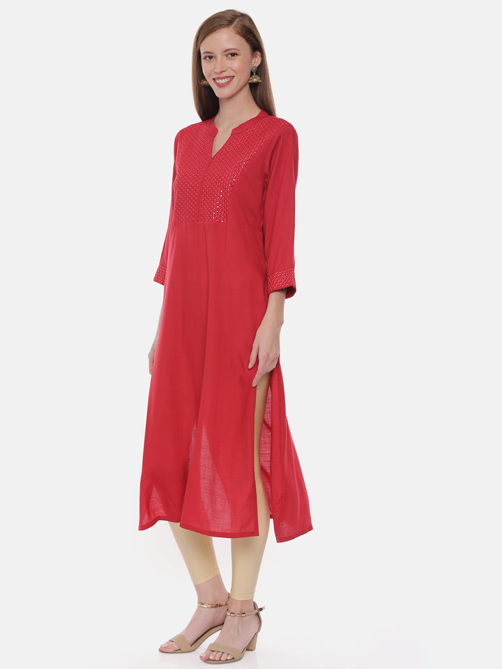 Neerus Red rayon embellished straight kurta - side view