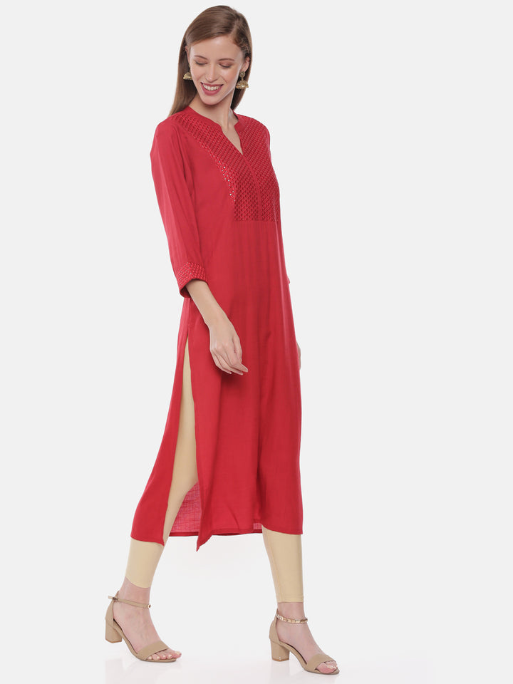 Neerus Red rayon embellished straight kurta - detail view 1