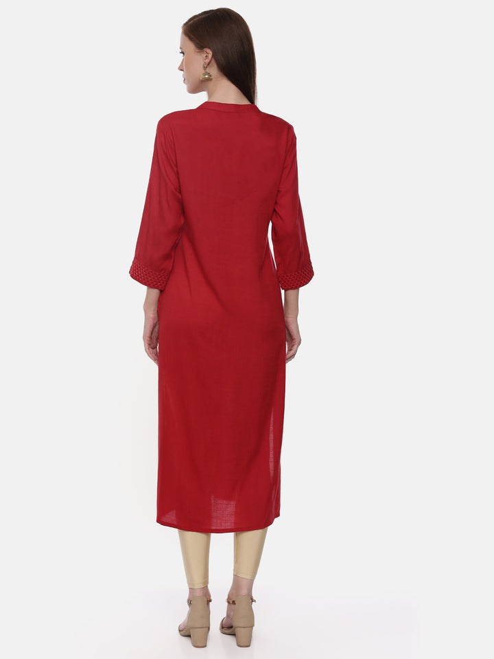 Neerus Red rayon embellished straight kurta - detail view 2