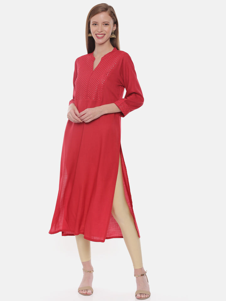 Neerus Red rayon embellished straight kurta - detail view 3