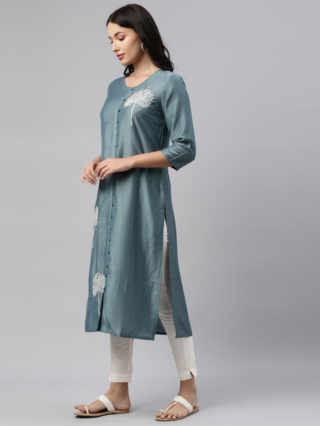 Neerus Grey silk solid kurti - side view