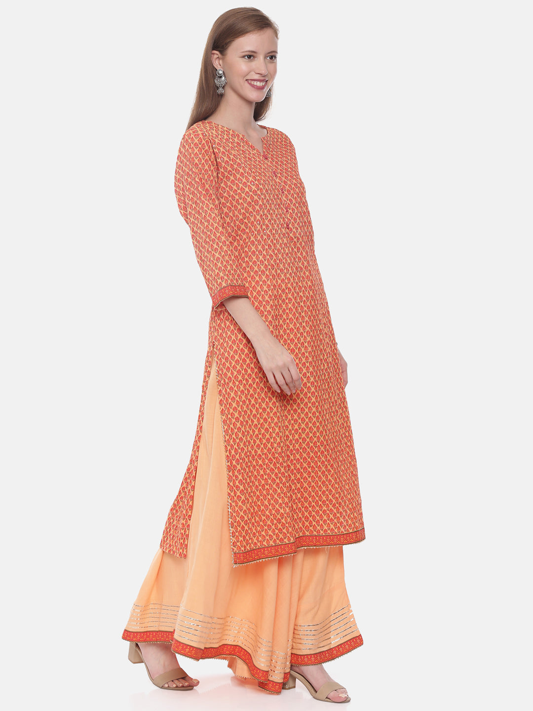 Neeru's Orange Printed Straight Kurta