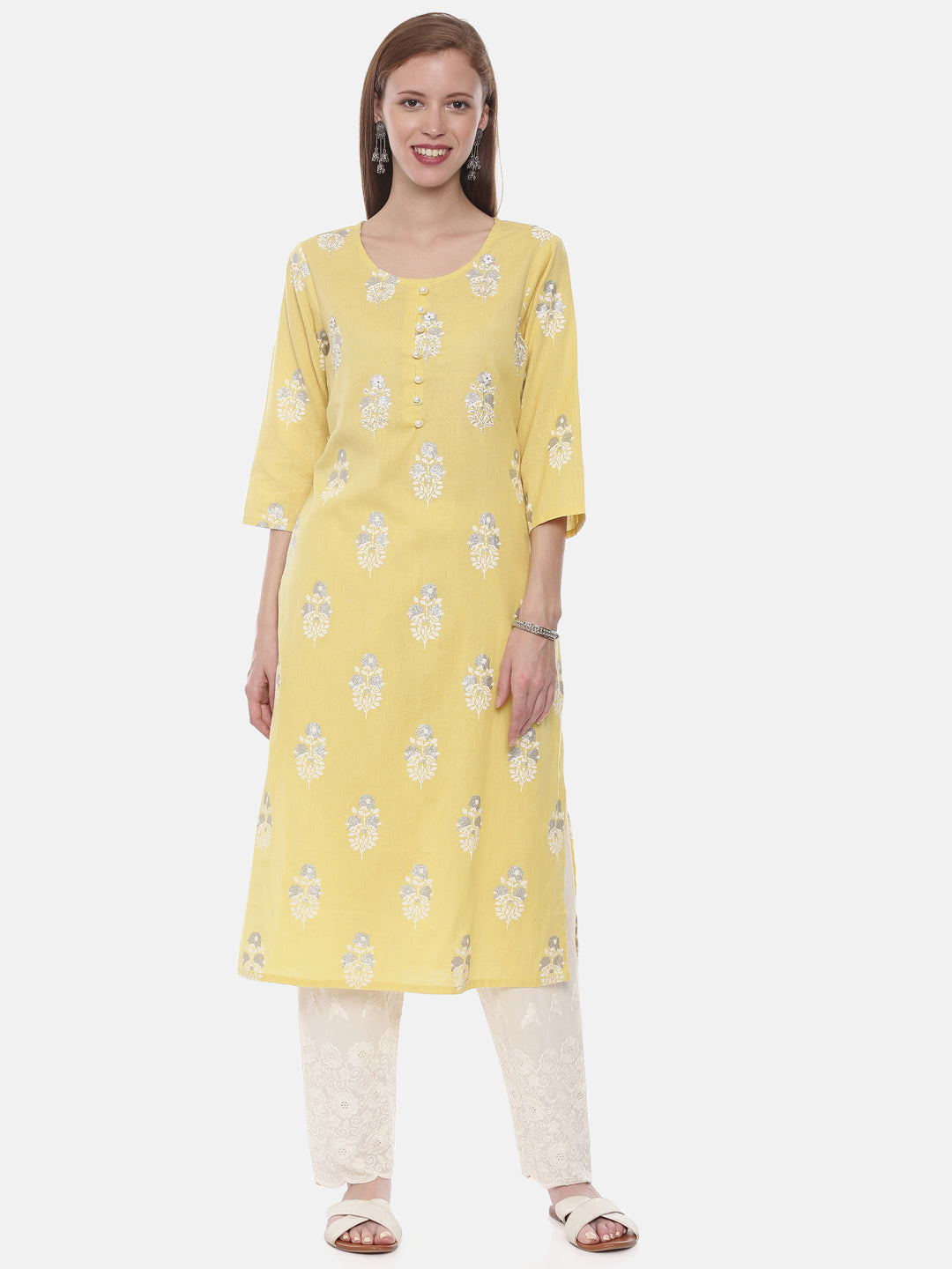 Neerus Yellow Embellished Straight Kurta