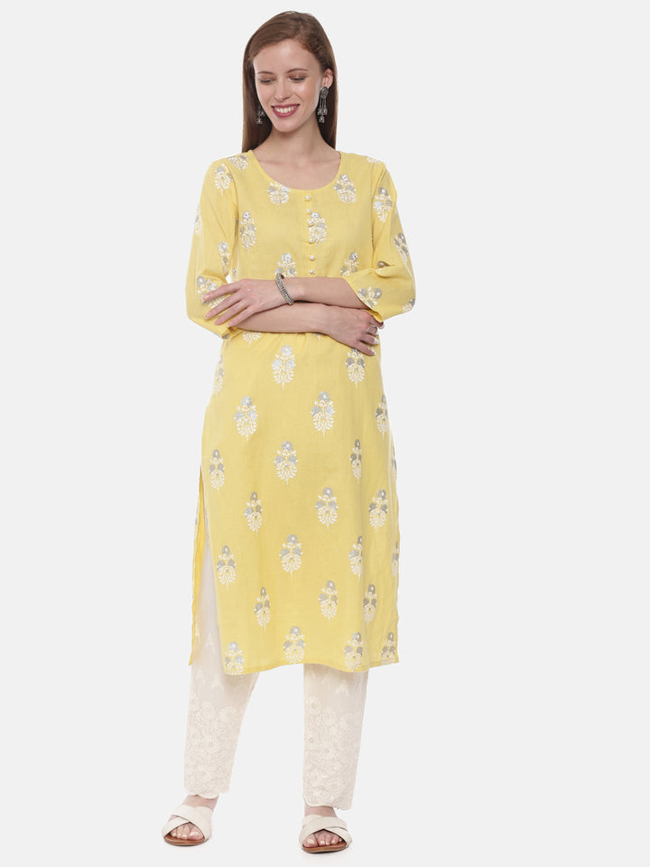 Neerus Yellow Embellished Straight Kurta