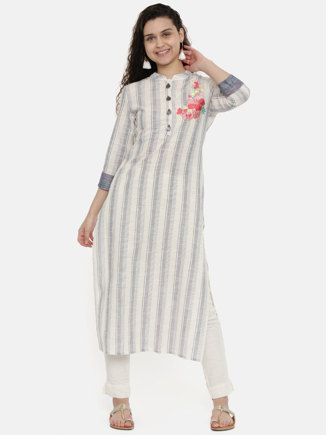 Neerus Women Grey  Off-White Striped Straight Kurta With Floral Embroidery Detail