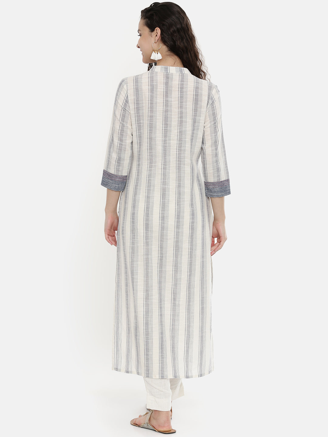 Neerus Women Grey  Off-White Striped Straight Kurta With Floral Embroidery Detail