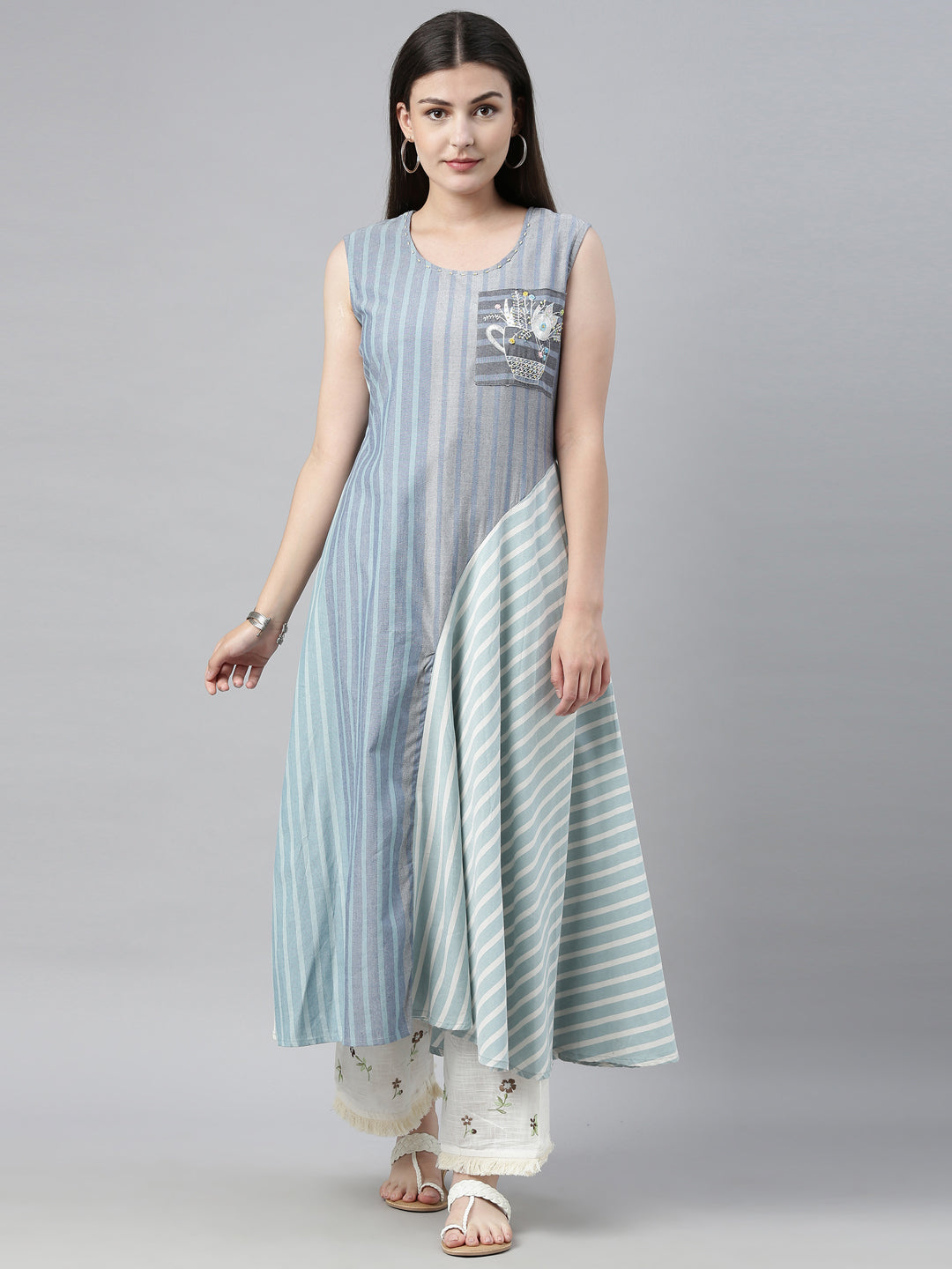 Neerus Blue printed striped flared kurta - detail view 6