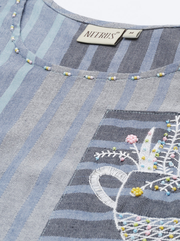 Neerus Blue printed striped flared kurta - back view