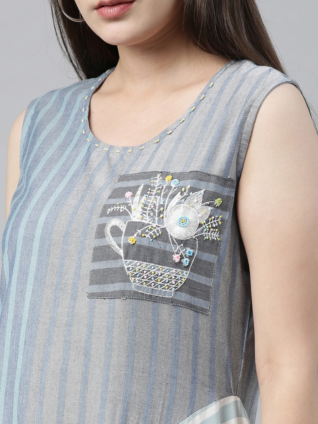 Neerus Blue printed striped flared kurta - side view