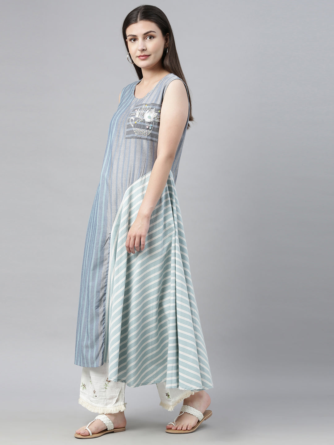 Neerus Blue printed striped flared kurta - detail view 1