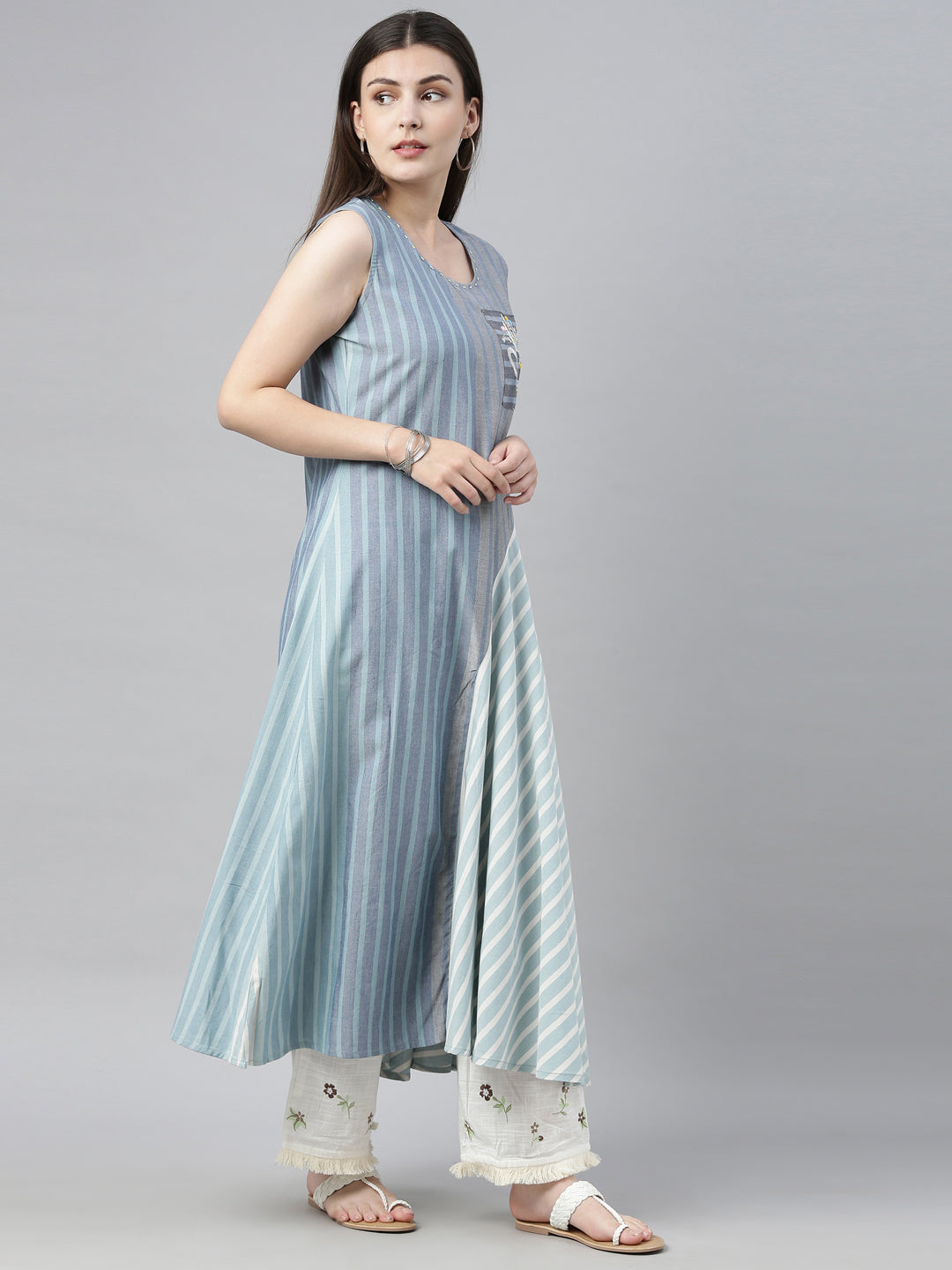 Neerus Blue printed striped flared kurta - detail view 2