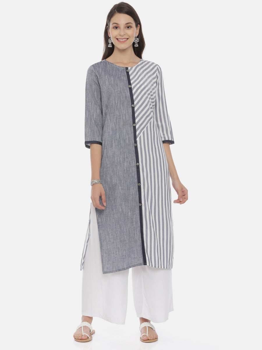 Neerus Grey Striped Straight Kurta