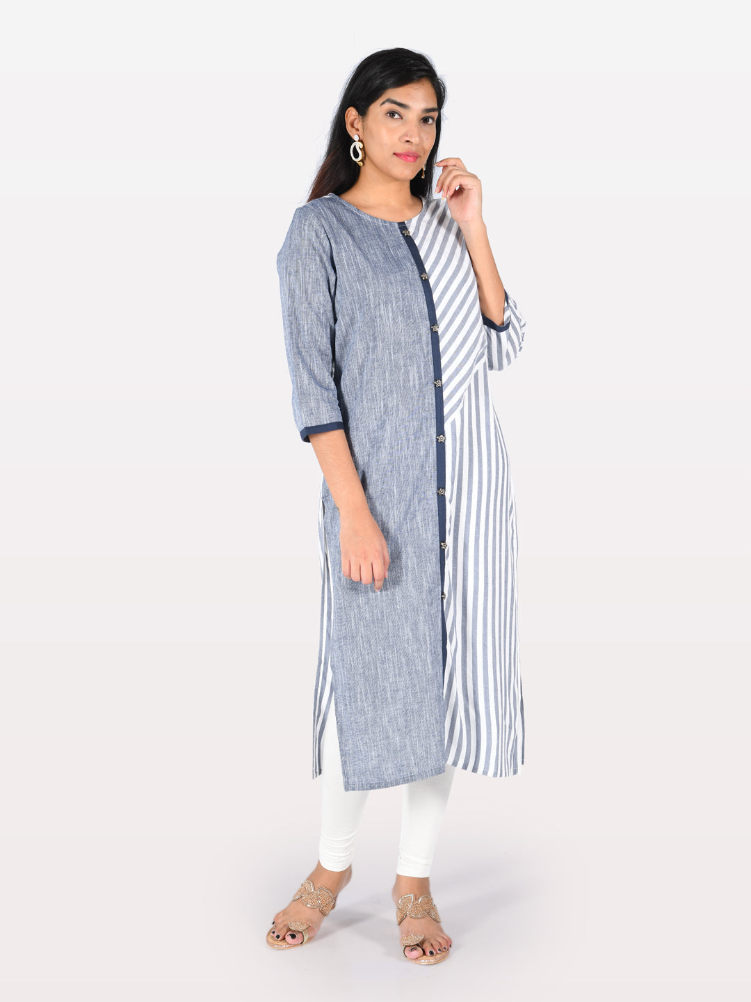 Neerus Grey Striped Straight Kurta