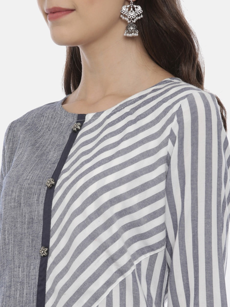 Neerus Grey Striped Straight Kurta