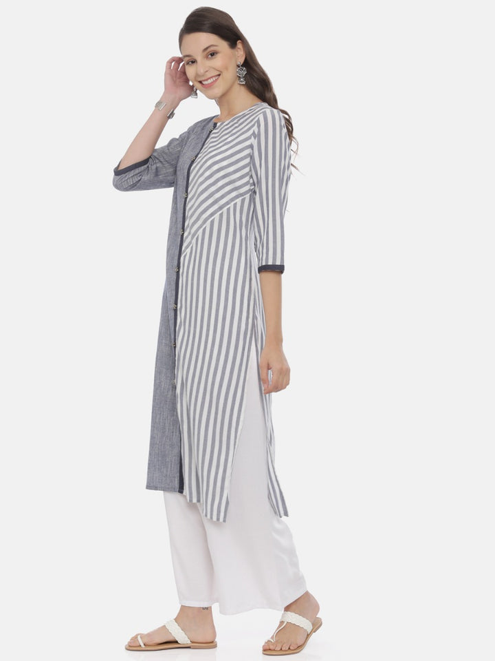 Neerus Grey Striped Straight Kurta