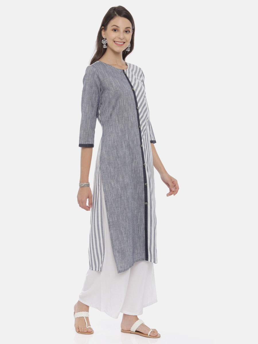 Neerus Grey Striped Straight Kurta