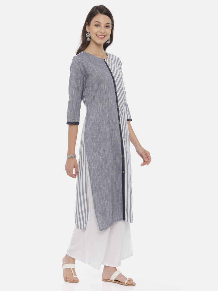 Neerus Grey Striped Straight Kurta