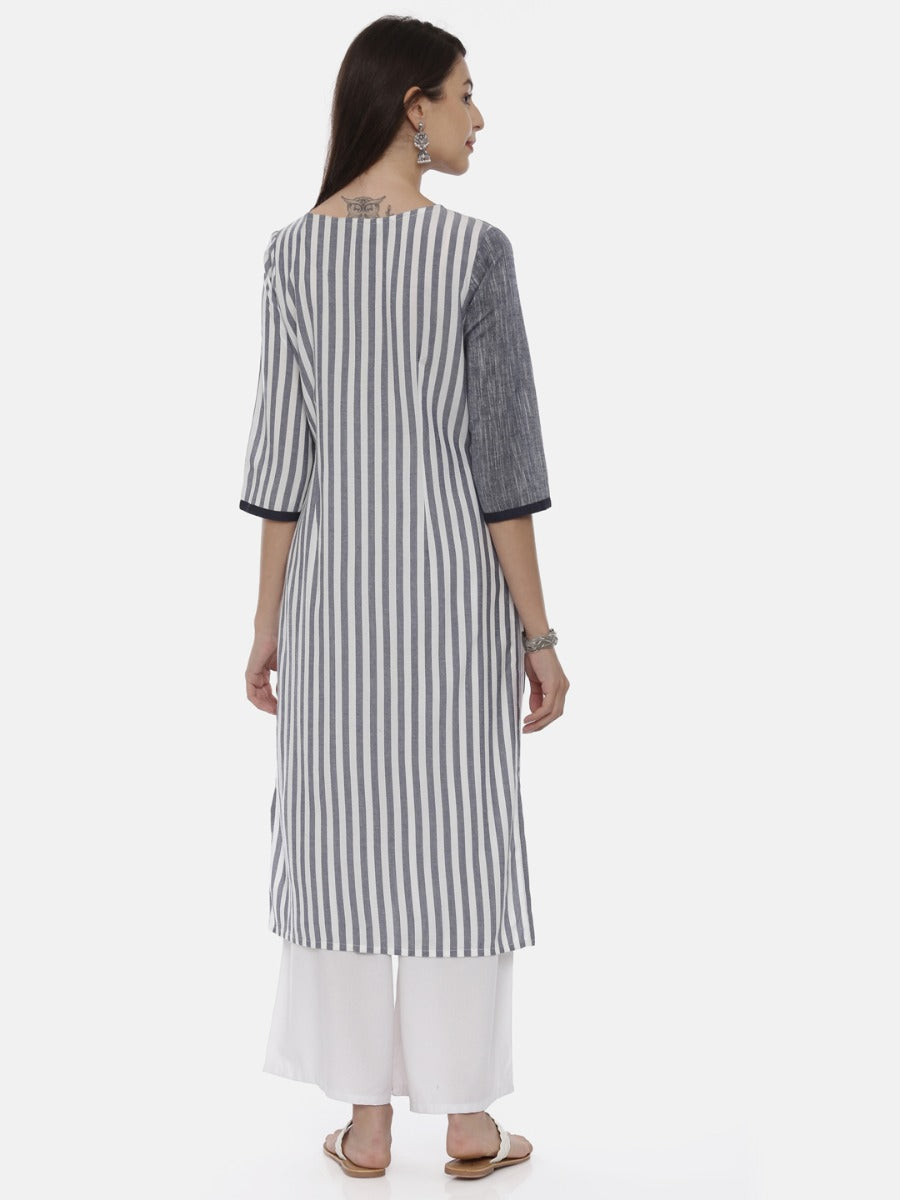Neerus Grey Striped Straight Kurta