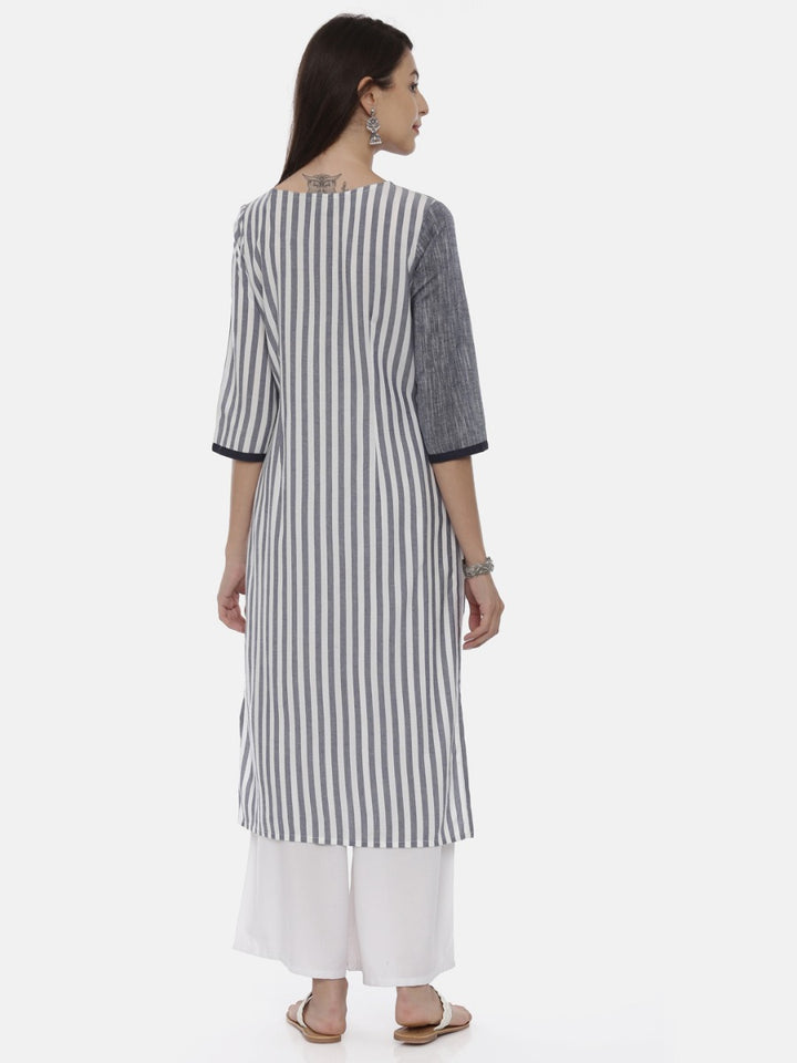 Neerus Grey Striped Straight Kurta