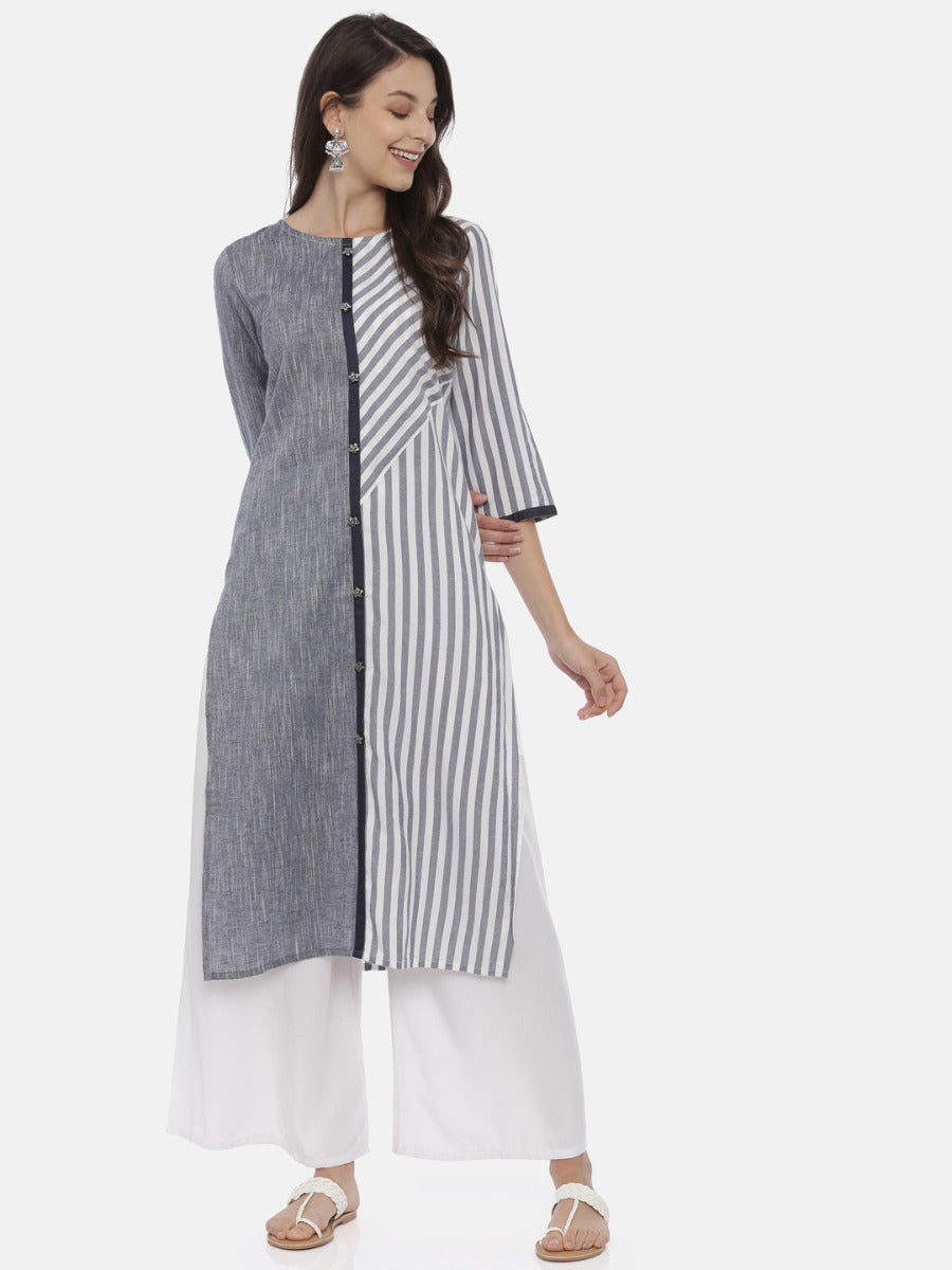 Neerus Grey Striped Straight Kurta