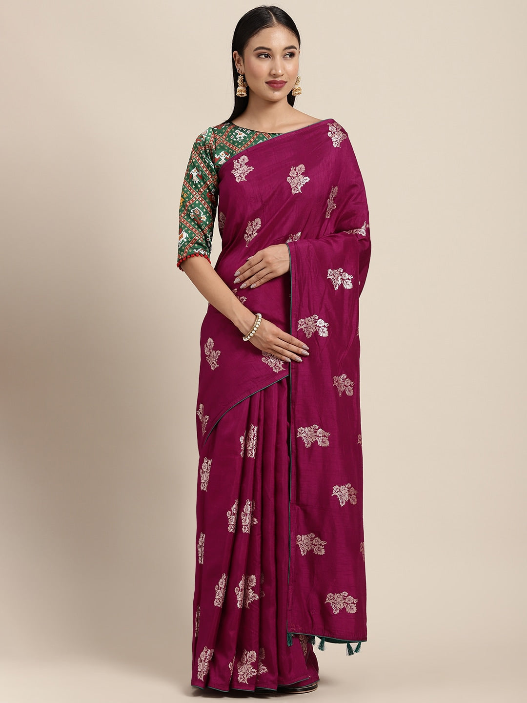 Neerus Maroon Banarasi woven saree - front view