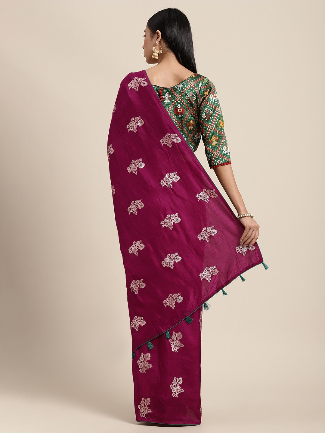 Neerus Maroon Banarasi woven saree - back view
