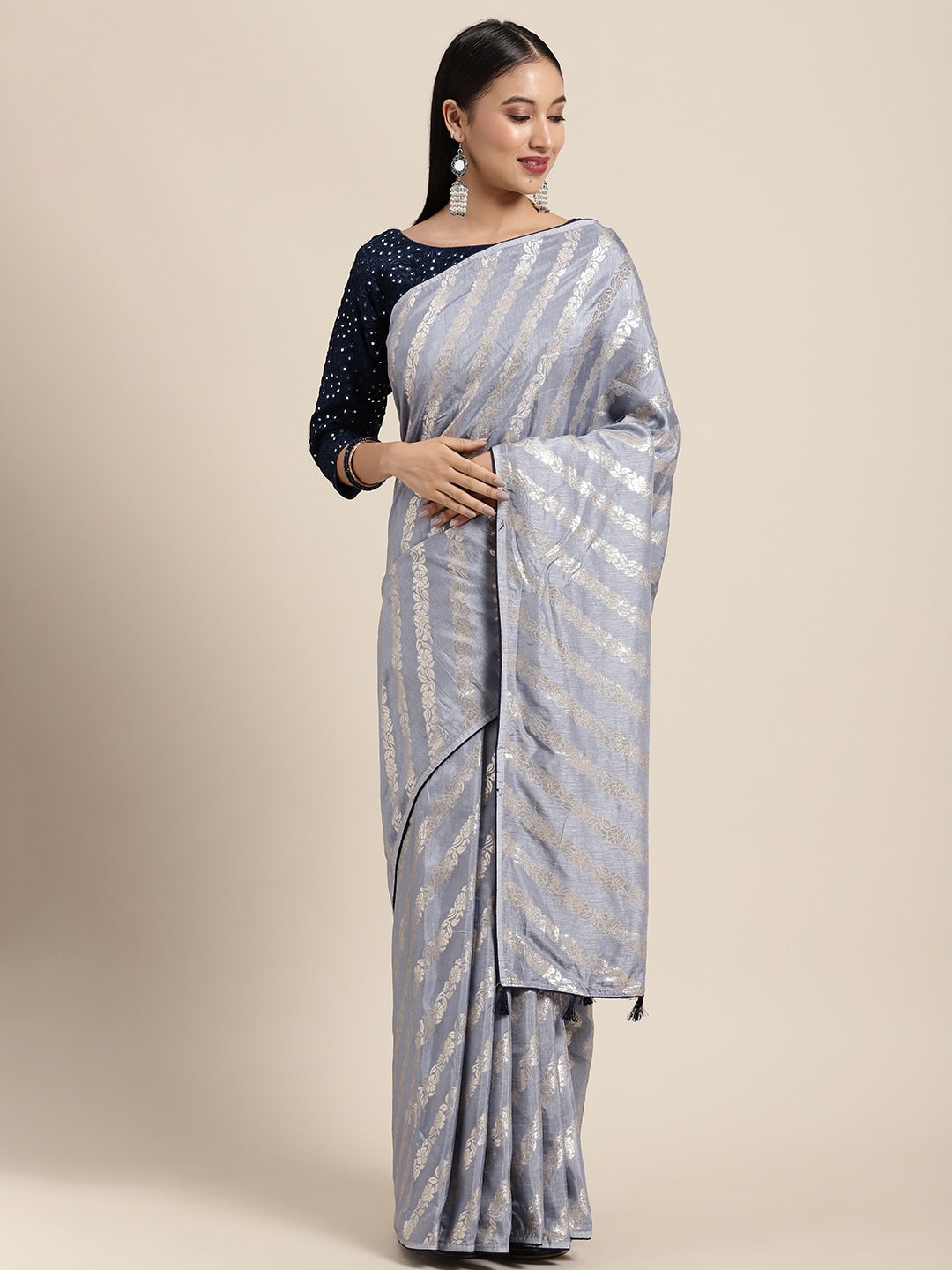 Neerus Blue Banarasi woven saree - front view