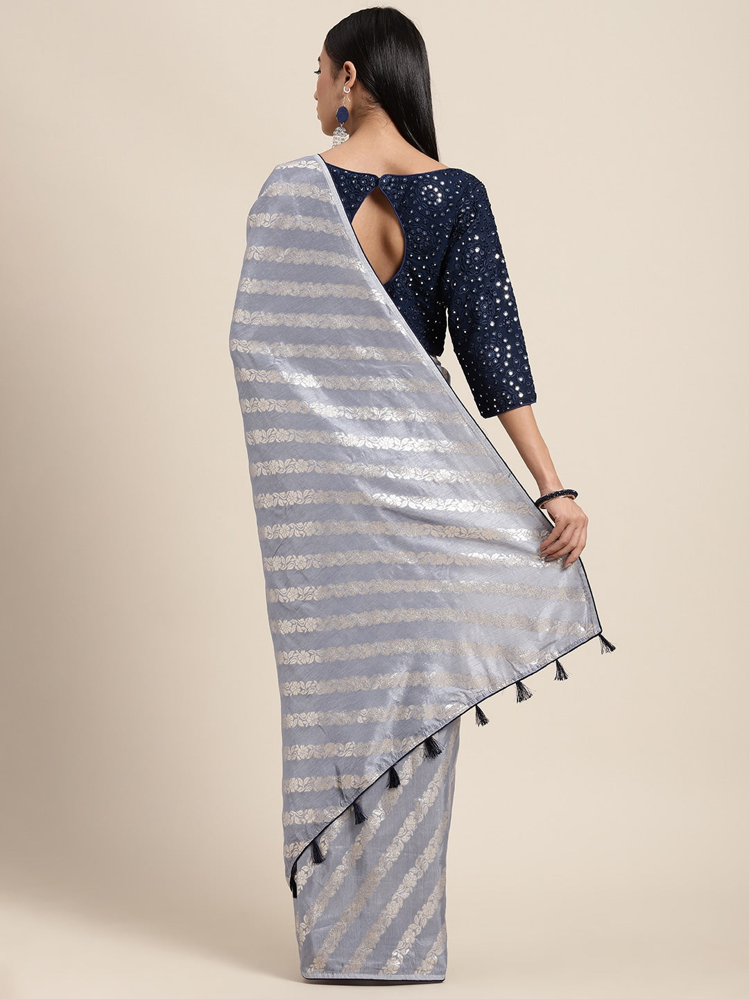 Neerus Blue Banarasi woven saree - back view