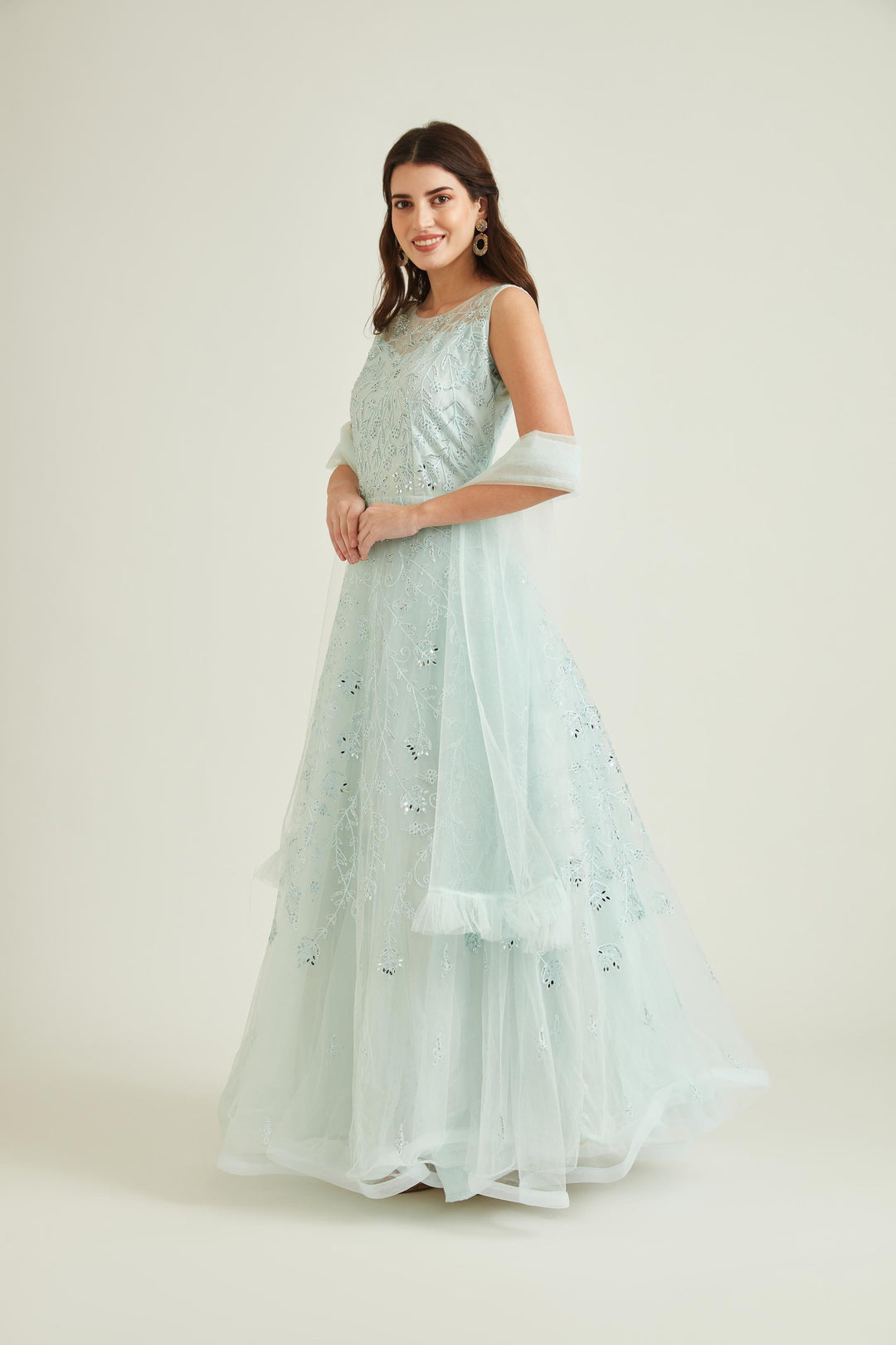 Neerus Blue net embroidered gown - front view