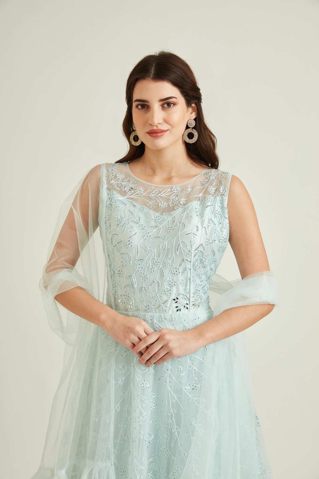 Neerus Blue net embroidered gown - side view