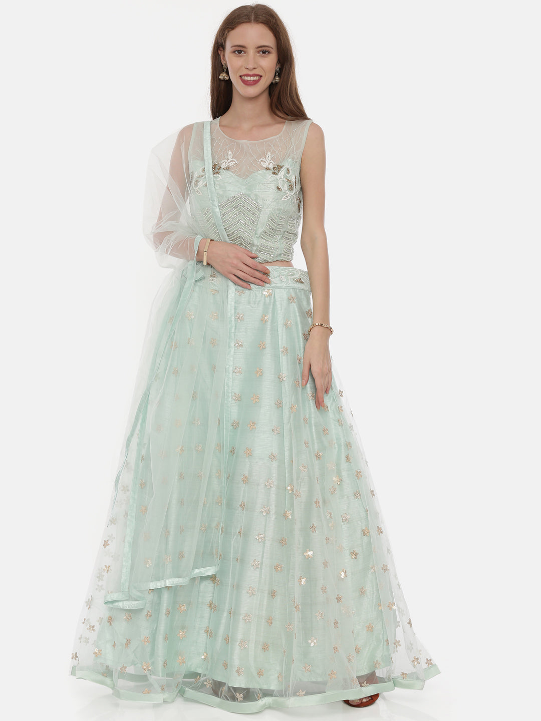 Neeru'S Sea Green Color,Nett Fabric Ghagra Set