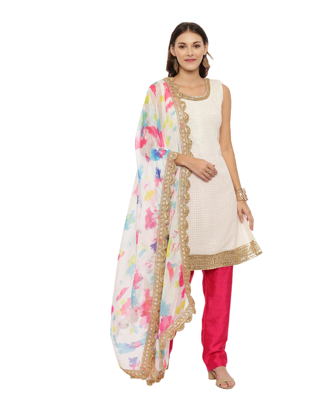 Neerus White embellished kurta set with salwar and dupatta - front view