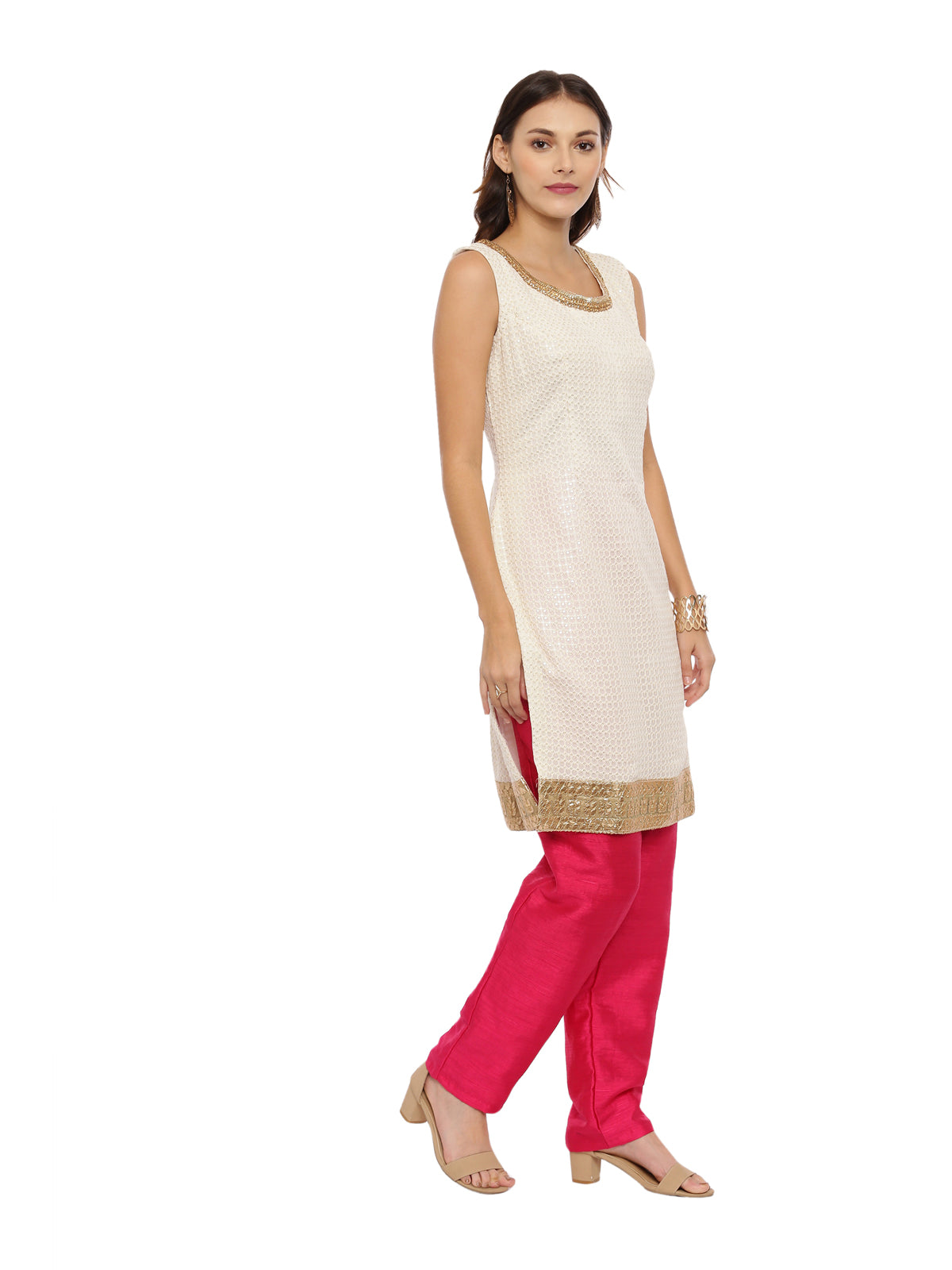 Neeru's Off White & Pink Embellished Kurta With Salwaar & Dupatta