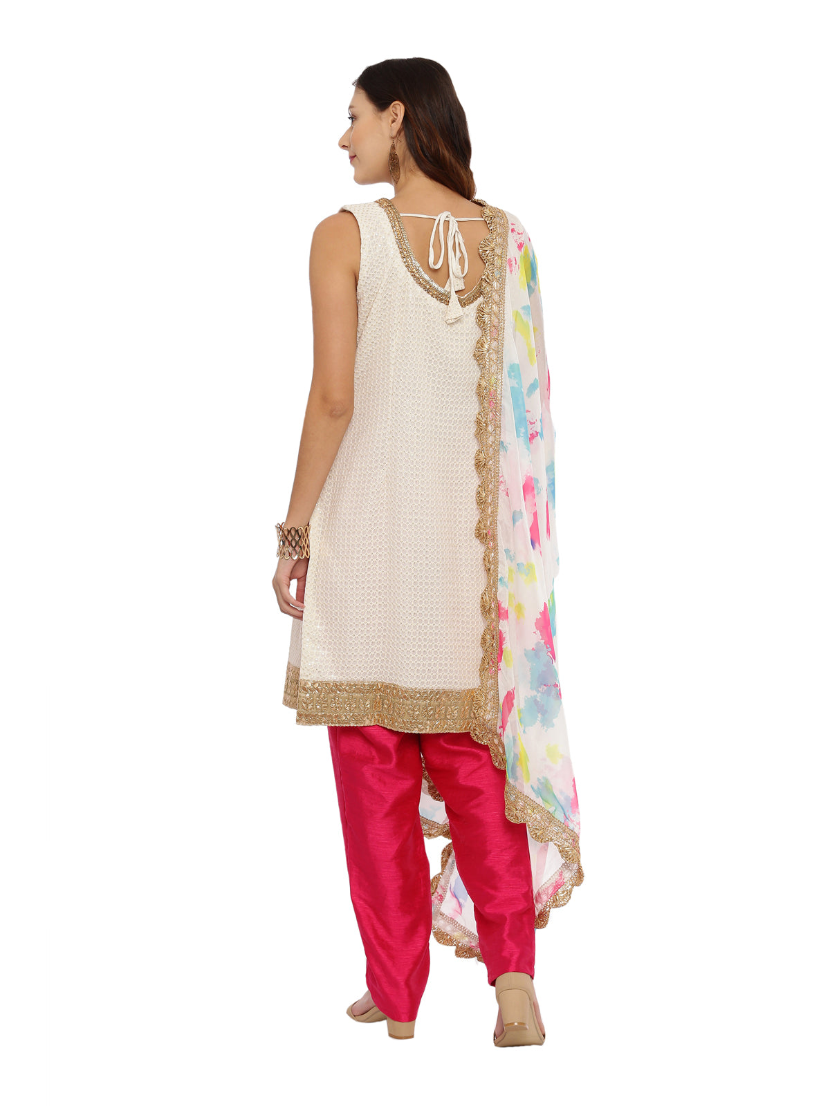 Neeru's Off White & Pink Embellished Kurta With Salwaar & Dupatta