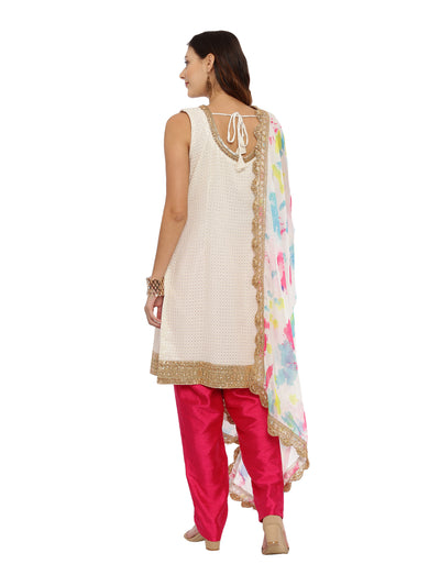 Neeru's Off White & Pink Embellished Kurta With Salwaar & Dupatta