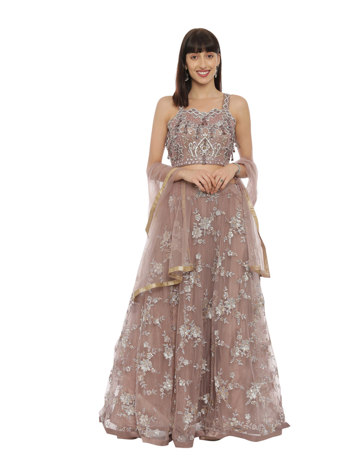 Neerus Maroon net embellished lehenga set - front view