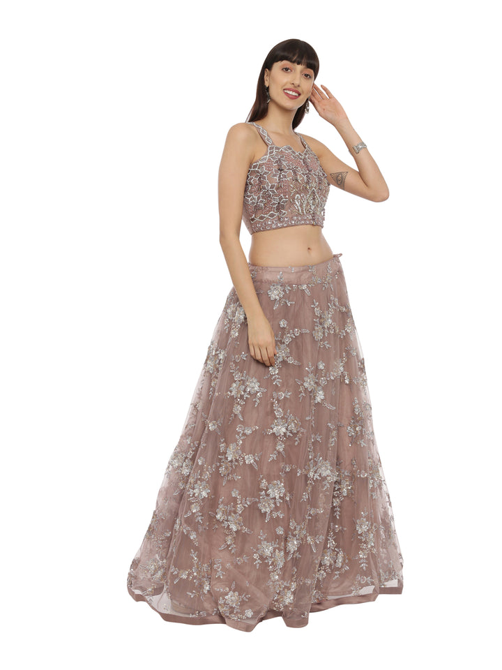 Neerus Maroon net embellished lehenga set - side view