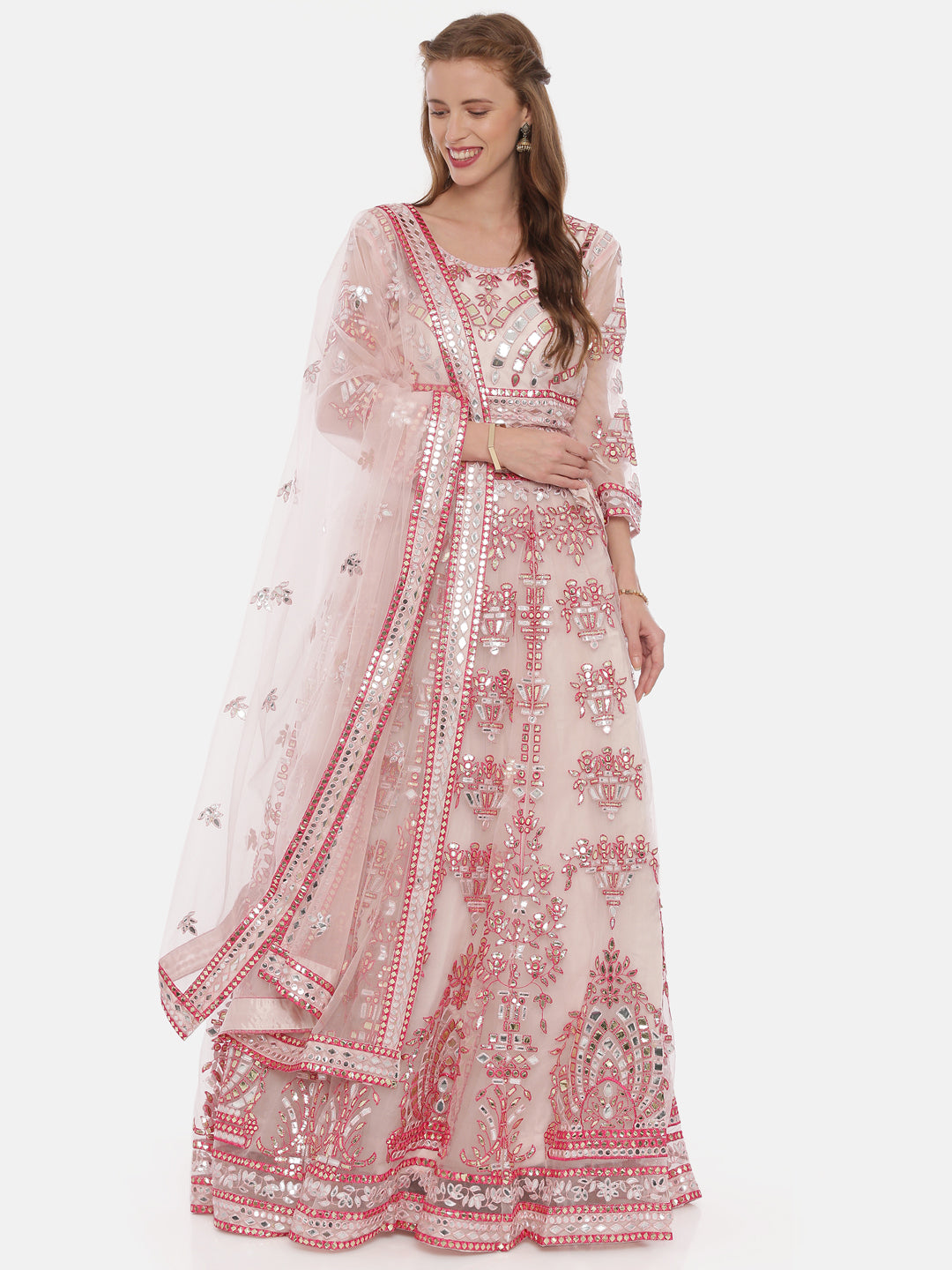 Neerus Pink net embellished lehenga set - front view